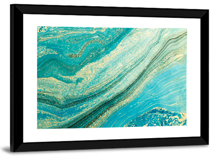 Teal Marble Swirl with Gold Veining Wall Art as a framed print