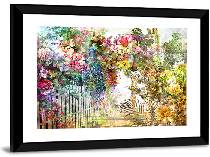 Spring Garden with White Picket Fence Wall Art as a framed print
