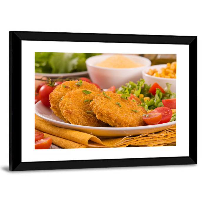 Golden Corn Cutlet Burger Wall Art as a framed print