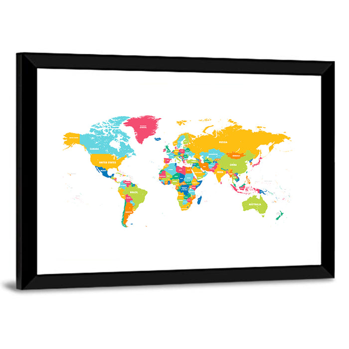 Colorful World Map Wall Art as a framed print