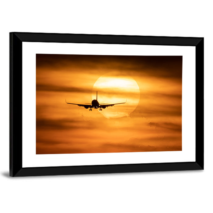 Airplane Silhouette at Golden Sunset Wall Art as a framed print
