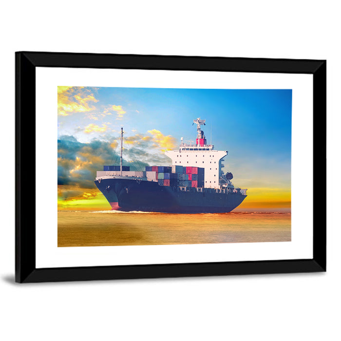Container Ship at Golden Sunset Wall Art as a framed print