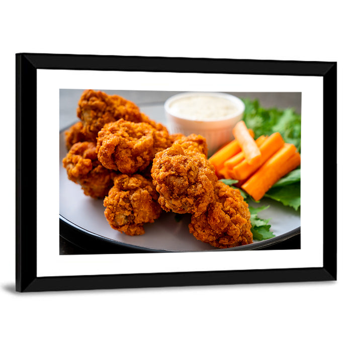 Crispy Spicy Chicken Wings with Carrot Sticks Wall Art as a framed print