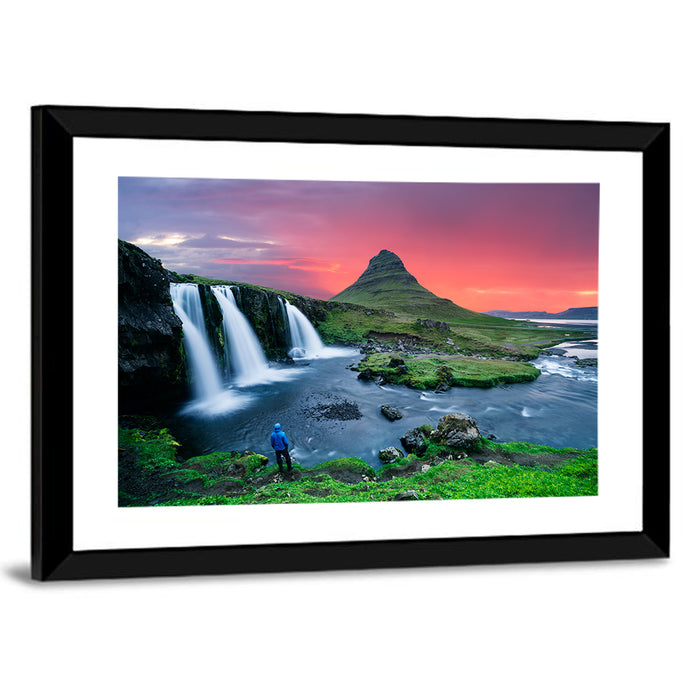 Kirkjufell Sunset with Kirkjufellsfoss Wall Art as a framed print