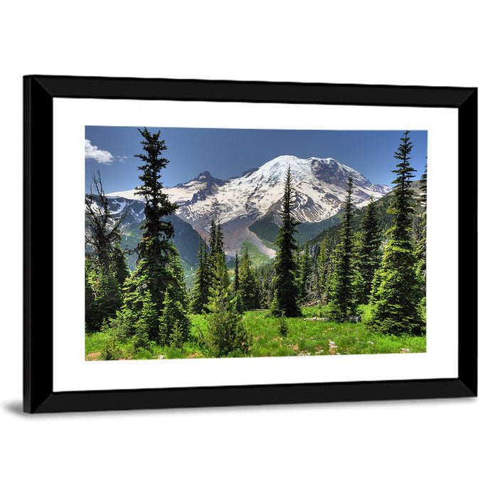 Mount Rainier Framed by Pine Trees Wall Art as a framed print