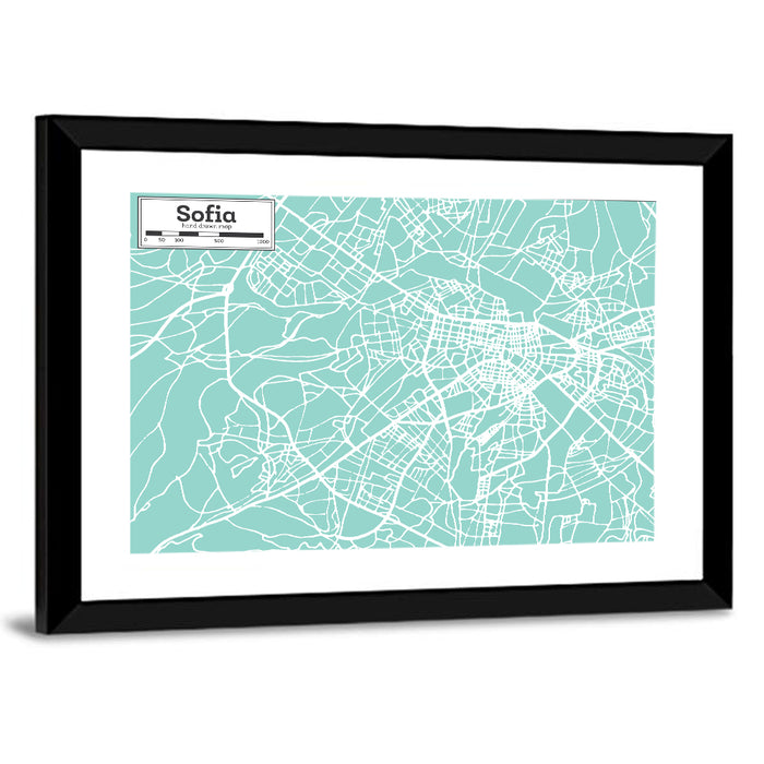 Sofia Teal City Map Wall Art as a framed print