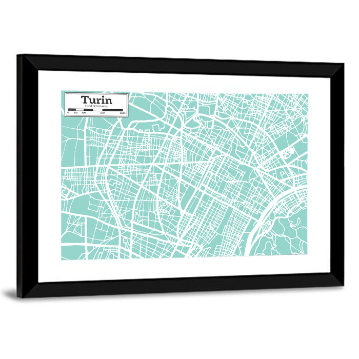 Turin Teal City Map Wall Art as a framed print