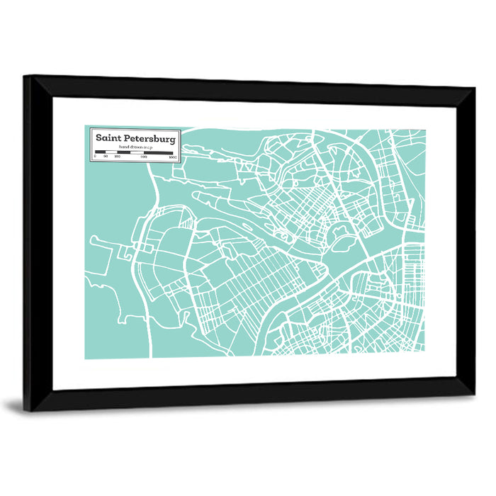 Saint Petersburg Teal City Map Wall Art as a framed print