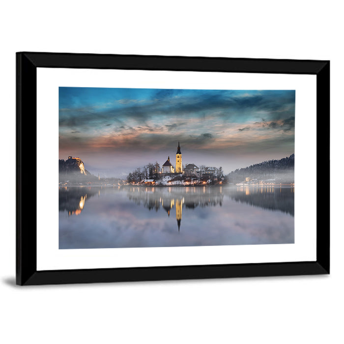 Lake Bled Misty Sunset Wall Art as a framed print
