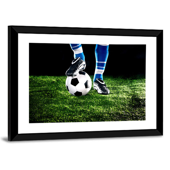 Soccer Ball Underfoot Close-up Wall Art as a framed print