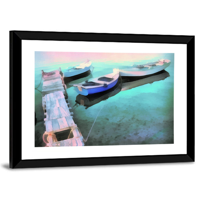 Two Boats by a Wooden Dock Wall Art as a framed print
