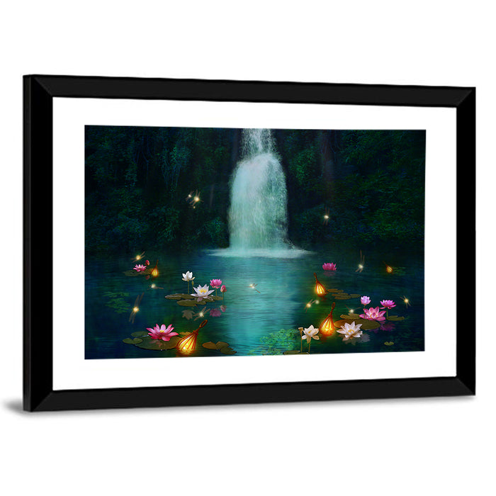 Moonlit Lotus Pond and Waterfall Wall Art as a framed print