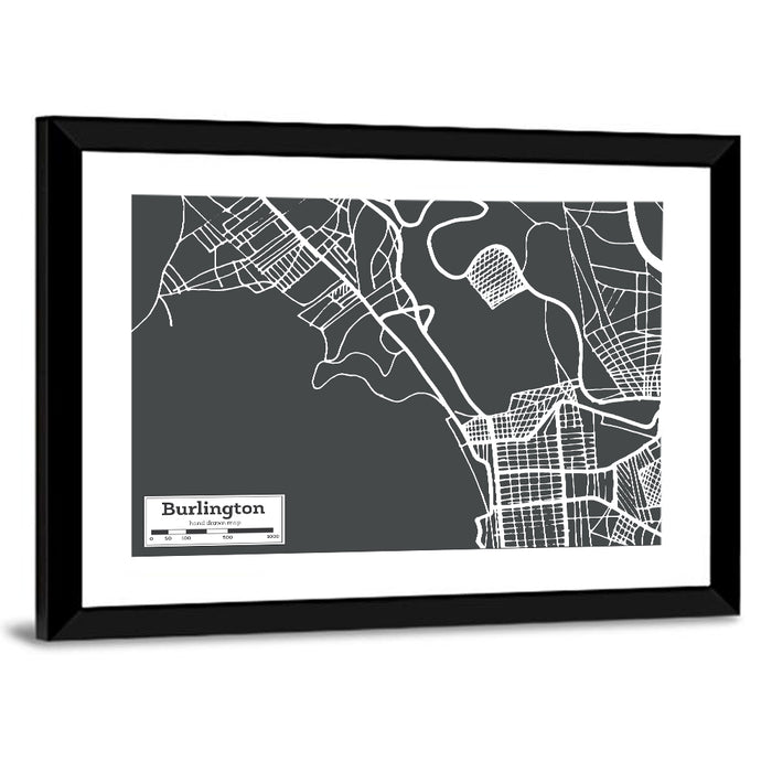 Burlington Vermont Street Grid Map Wall Art as a framed print