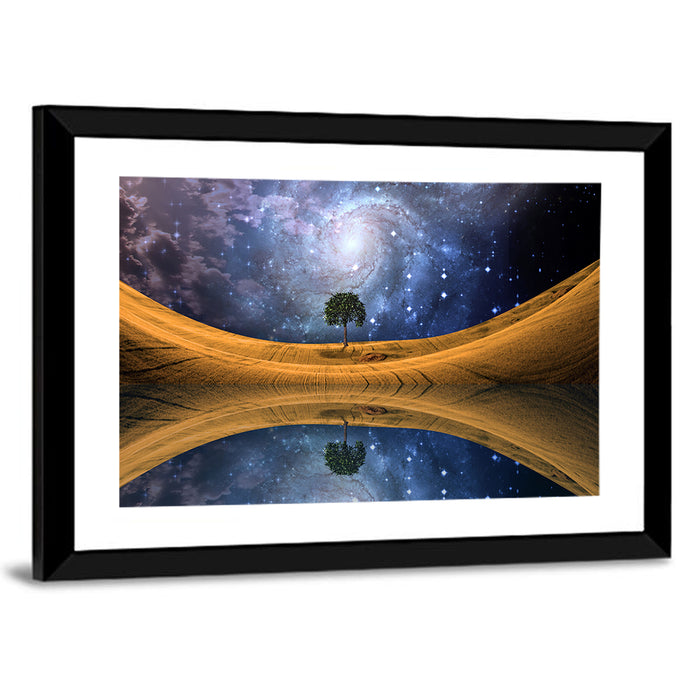 Solitary Tree Beneath Spiral Galaxy Wall Art as a framed print