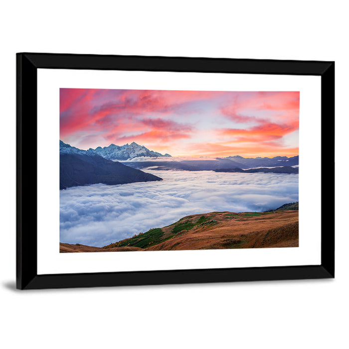 Mt Tetnuld Sunrise Over Clouds Wall Art as a framed print