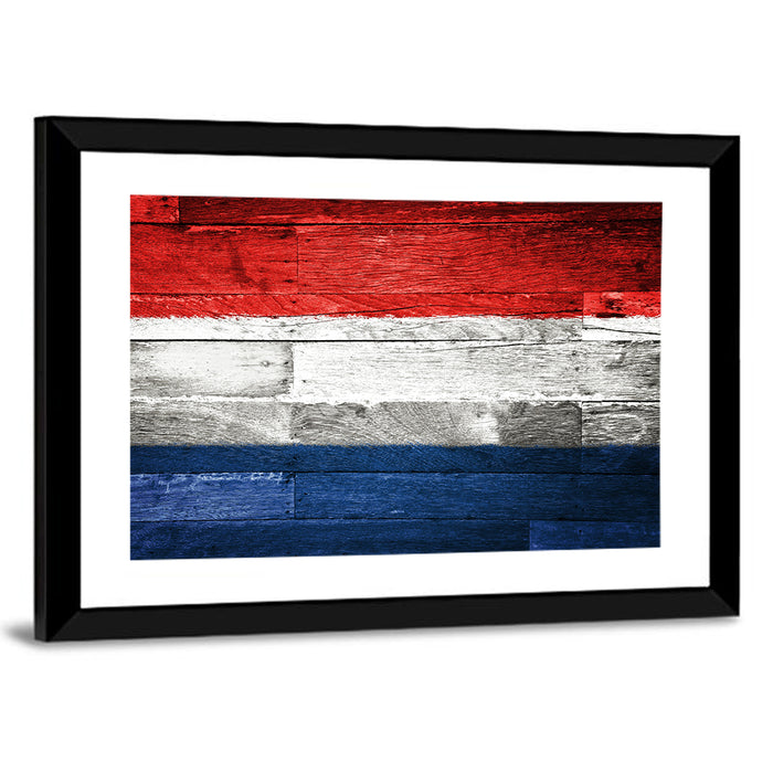 Dutch Flag on Distressed Wood Wall Art as a framed print