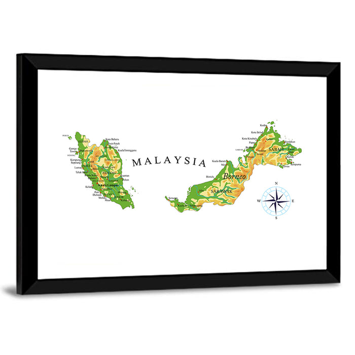 Malaysia Topographic Map Wall Art as a framed print