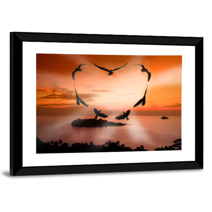 Heart-shaped Birds at Sunset Wall Art as a framed print
