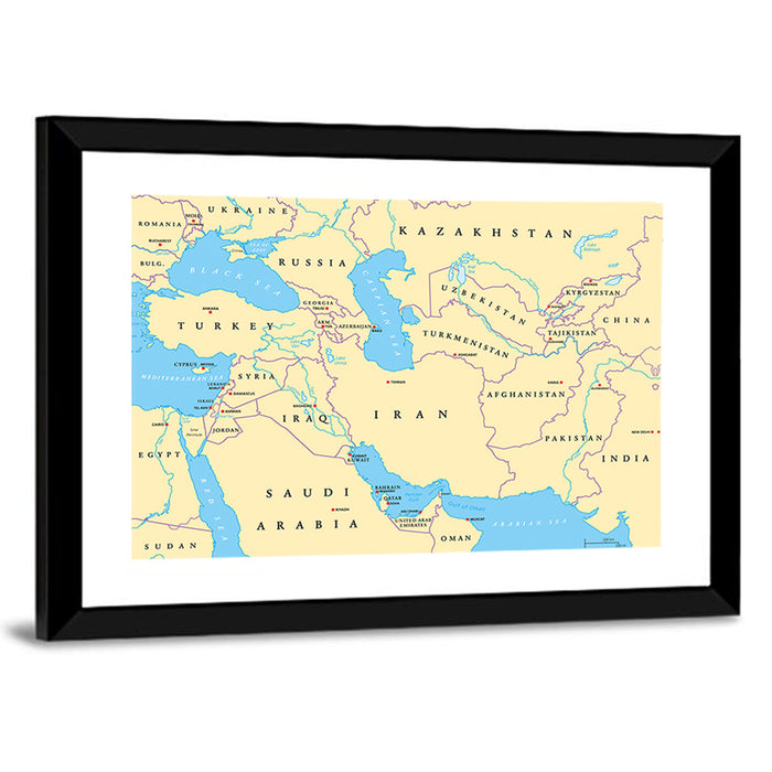 Southwest Asia Political Map, Cartographic Wall Art as a framed print