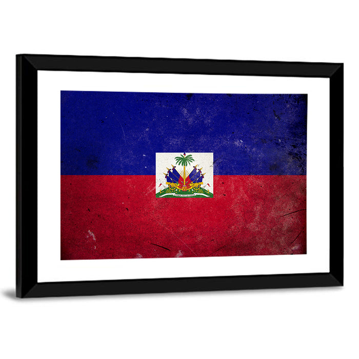Haitian Flag with Distressed Emblem Wall Art as a framed print
