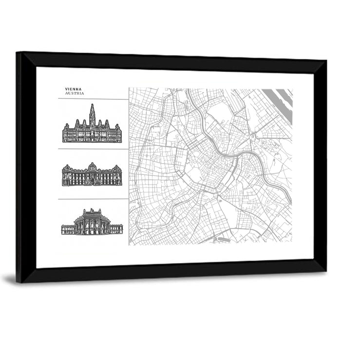 Vienna Map with Landmark Silhouettes Wall Art as a framed print