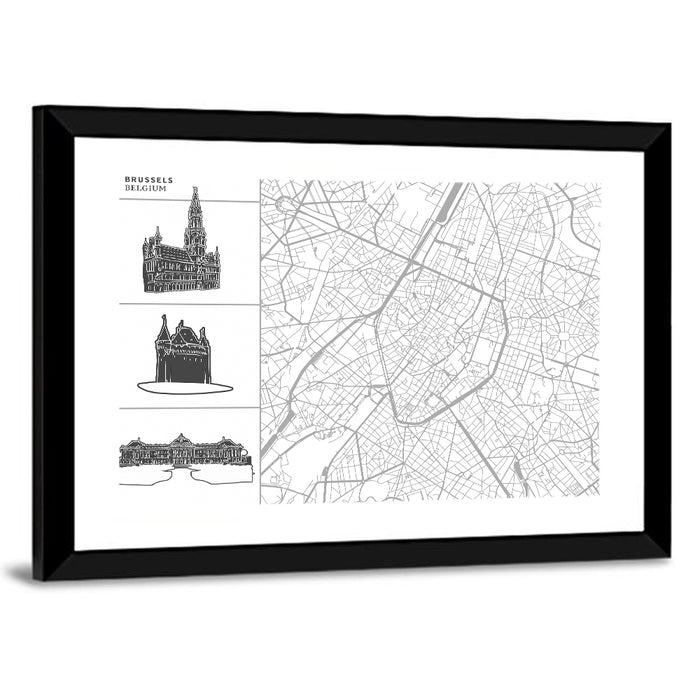 Brussels Map with Architectural Icons Wall Art as a framed print