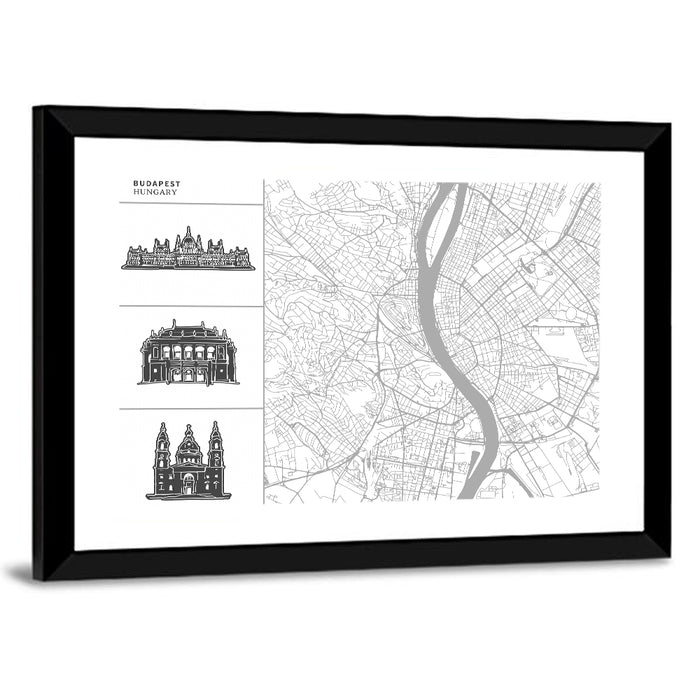 Budapest Map with Landmark Silhouettes Wall Art as a framed print