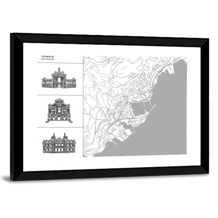 Monaco Map with Architectural Icons Wall Art as a framed print