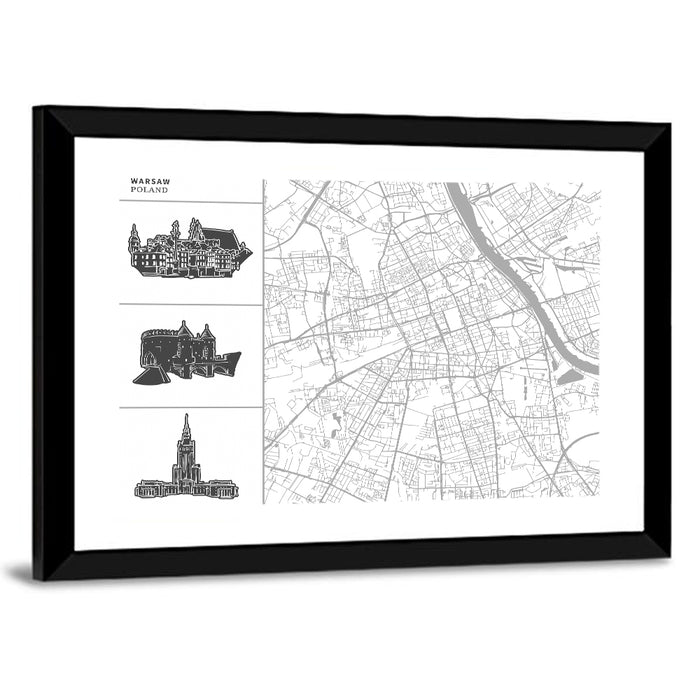 Warsaw Map with Skyline Silhouettes Wall Art as a framed print