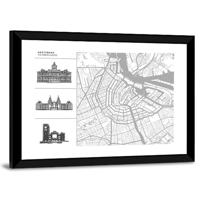 Amsterdam Map Line Wall Art as a framed print