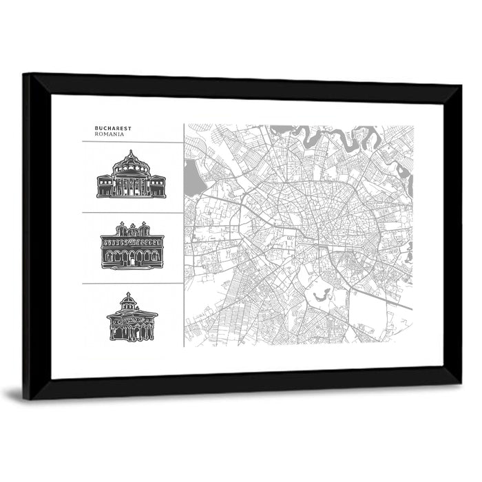 Bucharest City Map with Architectural Sidebar Wall Art as a framed print
