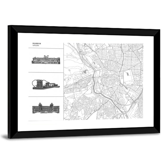 Madrid Map with Architectural Sidebar Wall Art as a framed print