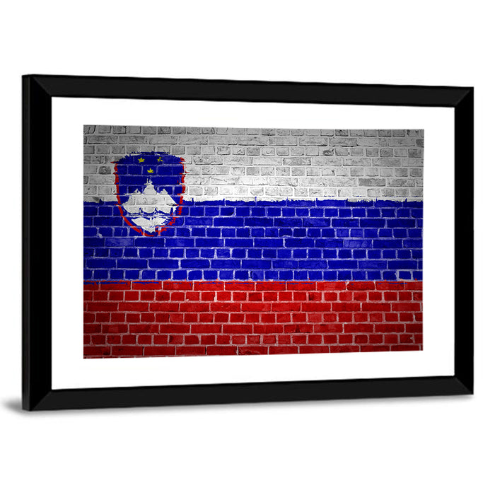 Slovenia Flag on Weathered Brick Wall Art as a framed print