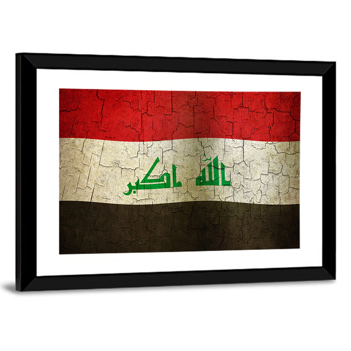 Iraqi Flag with Weathered Calligraphy Wall Art as a framed print
