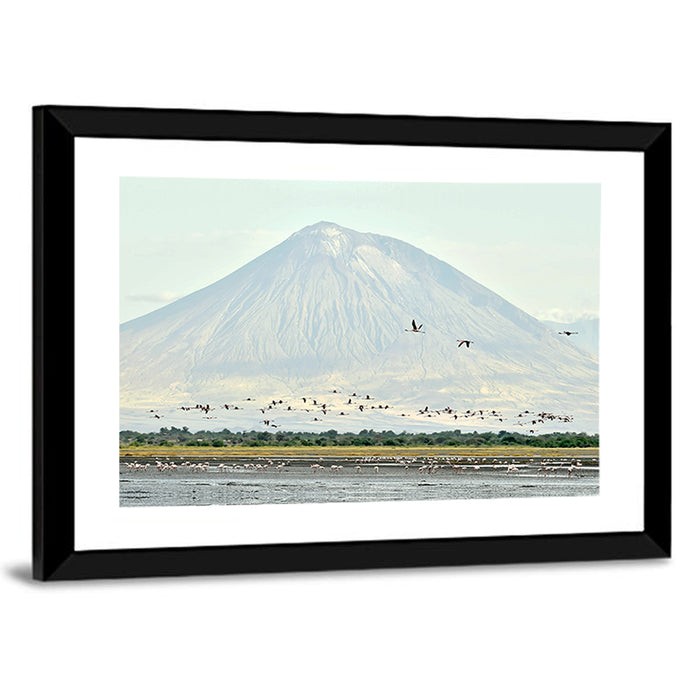 Flamingos Over Lake Natron, Doinyo Lengai Wall Art as a framed print