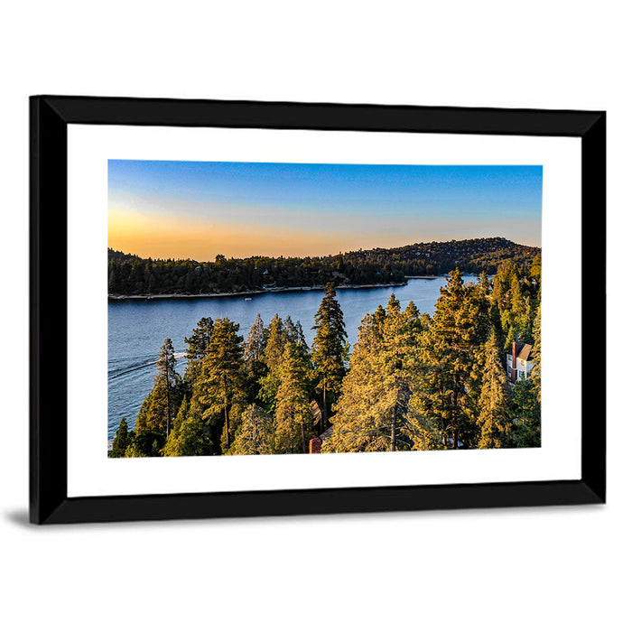 Lake Arrowhead Sunset Over Pines Wall Art as a framed print