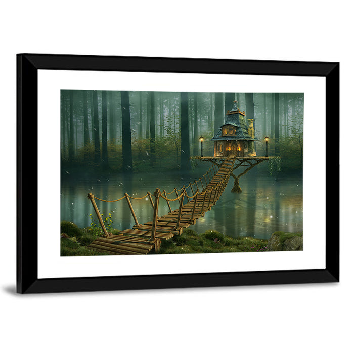 Rope Bridge to Misty Fairy House Wall Art as a framed print