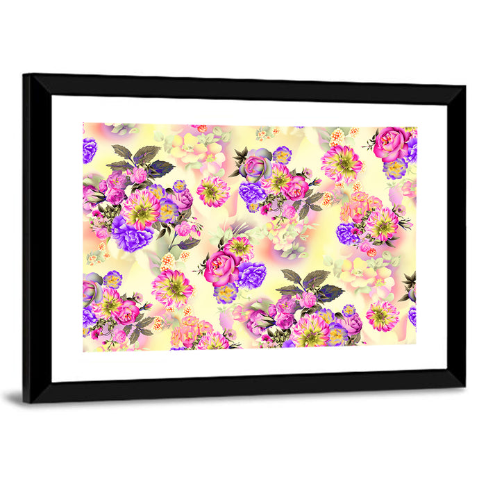 Summer Roses and Iris Pattern Wall Art as a framed print