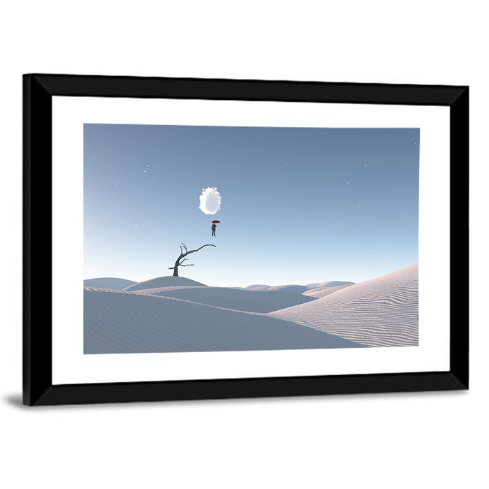 Surreal Desert with Red Umbrella Wall Art as a framed print