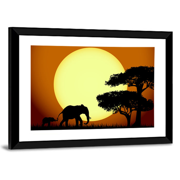 Savanna Sunset Elephants Wall Art as a framed print
