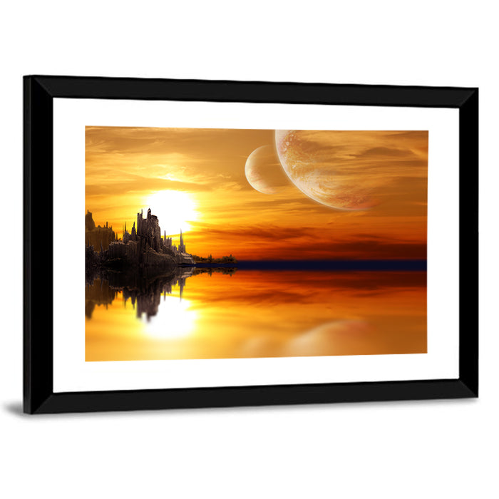 Twin Moons Over Alien Castle Wall Art as a framed print
