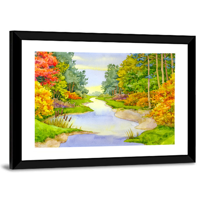 Autumn Forest Creek Wall Art as a framed print