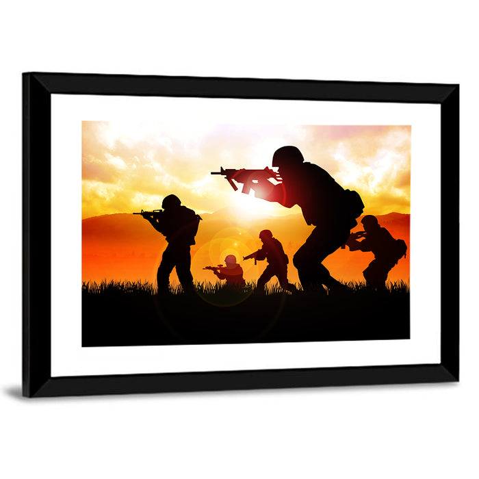 Soldiers Silhouette at Sunrise Wall Art as a framed print