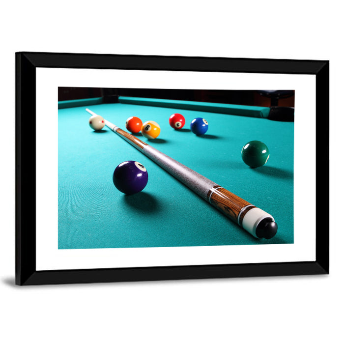 Billiard Cue on Green Felt Wall Art as a framed print