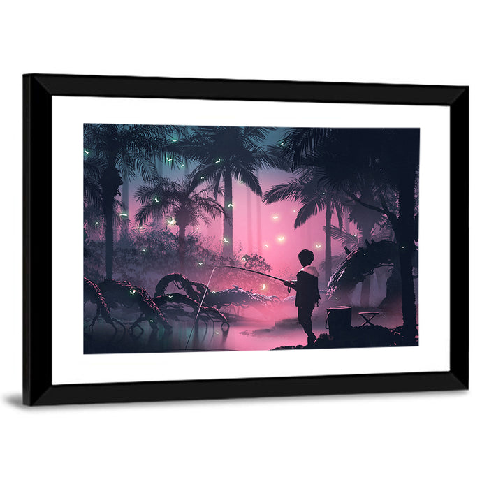 Night Swamp Fishing Wall Art as a framed print