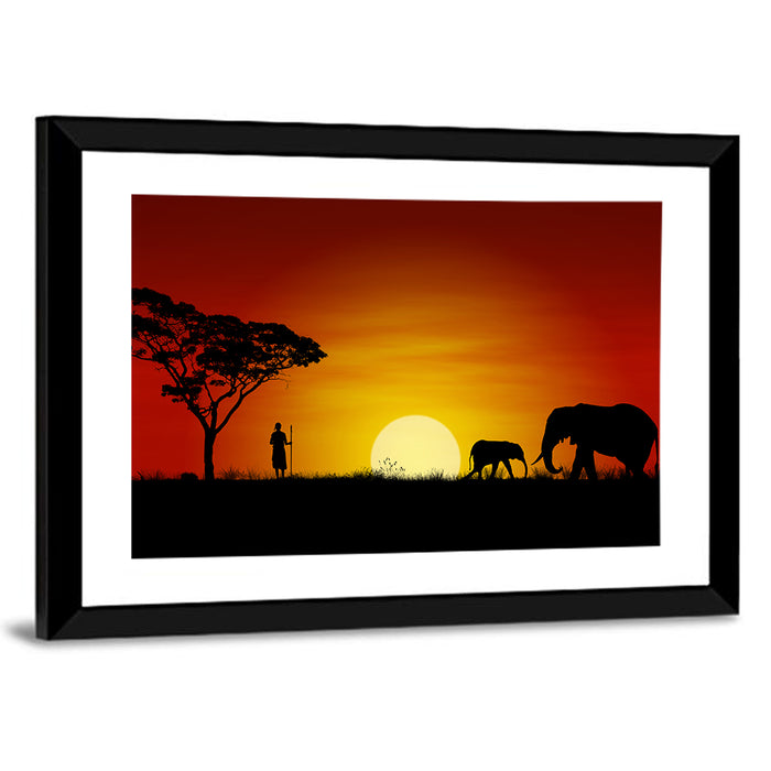 Massai Warrior and Elephants at Sunset Wall Art as a framed print