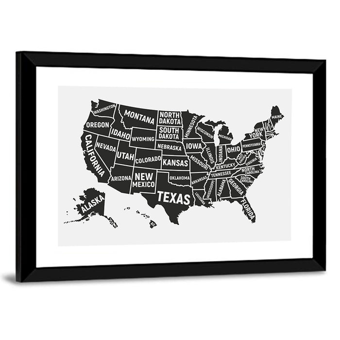 United States Map Silhouette Wall Art as a framed print