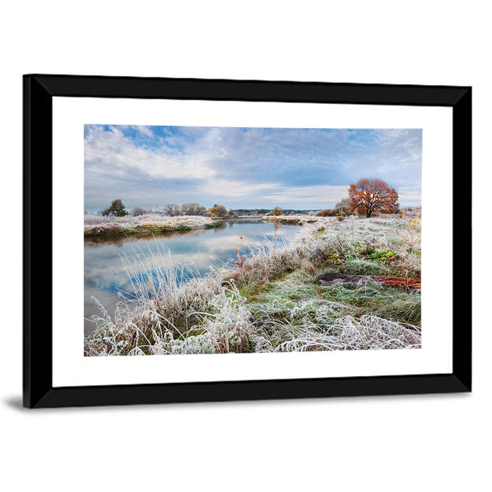 Frosted Autumn River Landscape Wall Art as a framed print