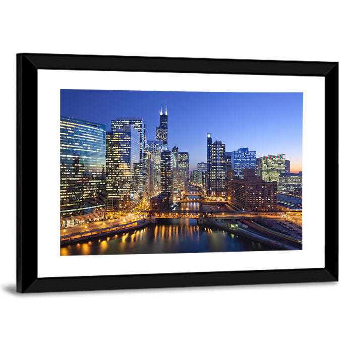 Chicago River Night Skyline Wall Art as a framed print
