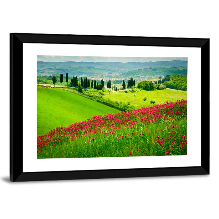 Tuscany Hill with Red Wildflowers Wall Art as a framed print